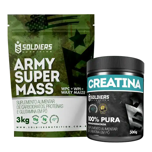 Combo de suplementos alimentares Army Super Mass e Creatina, embalagem verde e preta