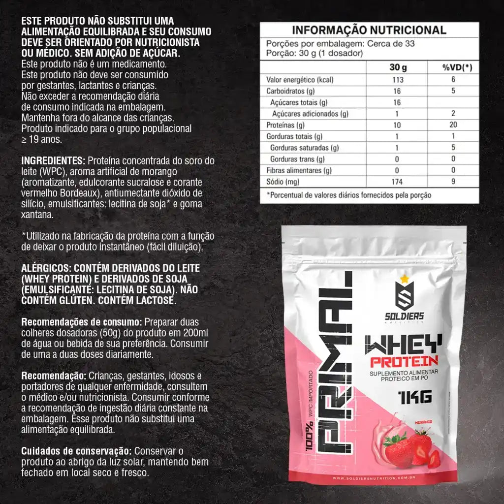 Embalagem de suplemento Whey Protein sabor morango 1kg com tabela nutricional e ingredientes em destaque.