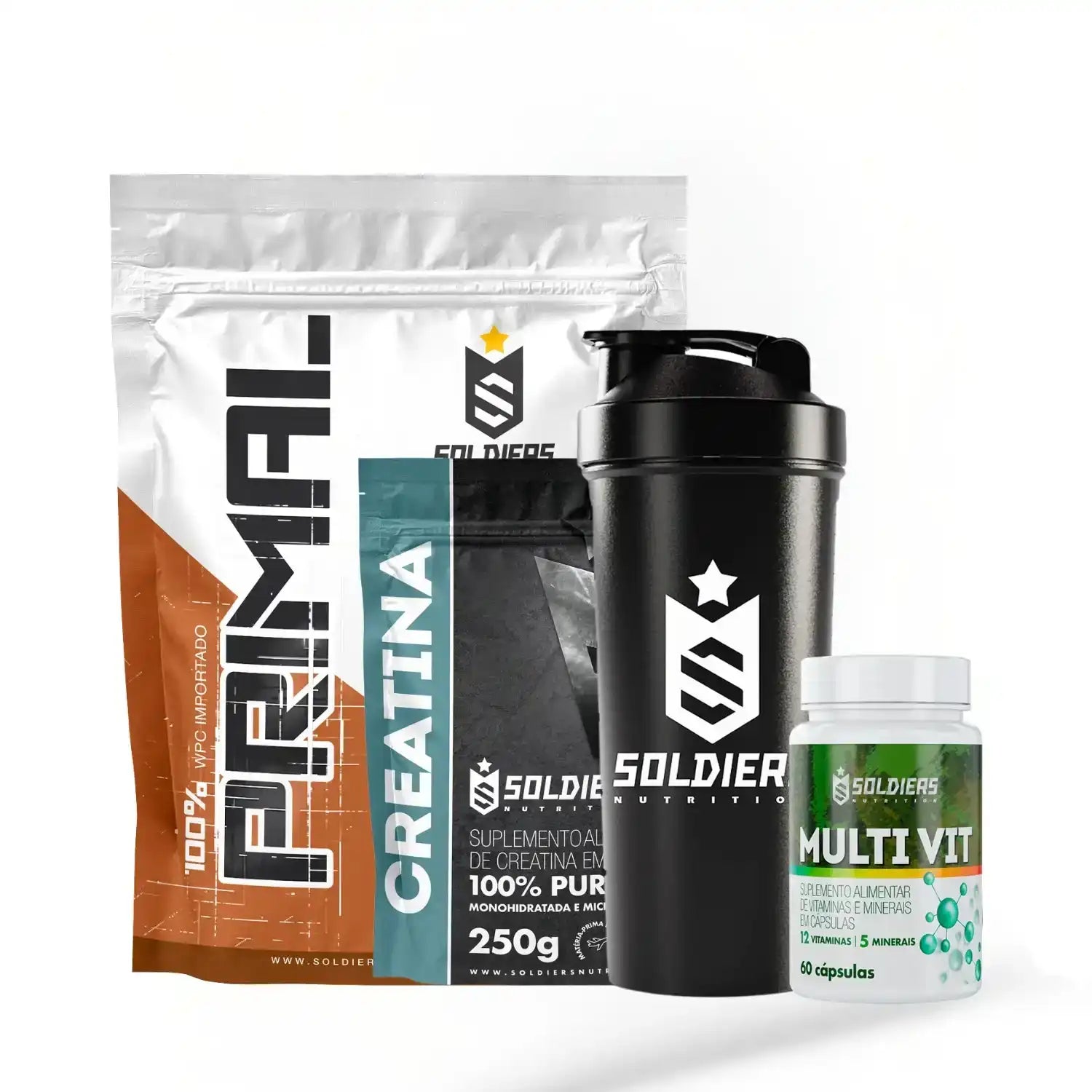 Kit de suplementos alimentares com creatina, multivitamínico e coqueteleira para treino