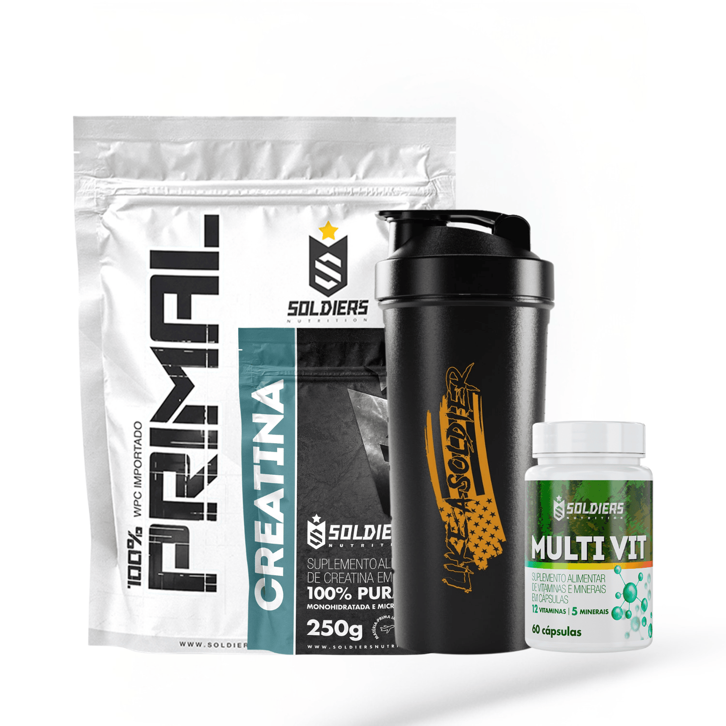 KIT PRIMEIRO PASSO Whey 1Kg, Creatina, Multivitamínico e Coqueteleira