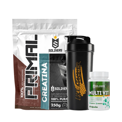 KIT PRIMEIRO PASSO Whey 1Kg, Creatina, Multivitamínico e Coqueteleira