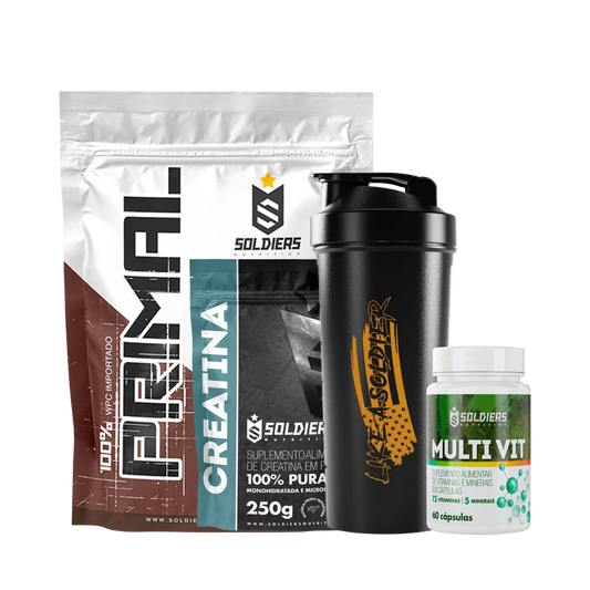 KIT PRIMEIRO PASSO Whey 1Kg, Creatina, Multivitamínico e Coqueteleira