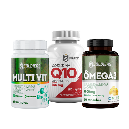 Kit Coenzima Q10 100mg - 60 Caps + Ômega 3 1000mg - 60 Caps + Multivitamínico - 60 Caps