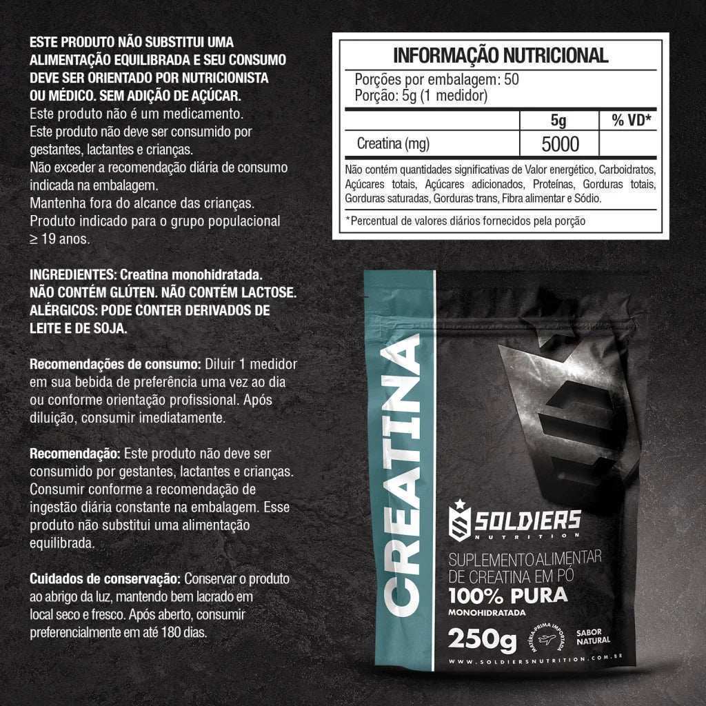 Embalagem de creatina monohidratada em pó 100% pura, 250g, suplemento alimentar, tabela nutricional e informações de uso em destaque.