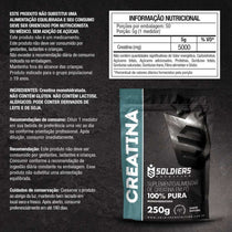 Embalagem de creatina monohidratada em pó 100% pura, 250g, suplemento alimentar, tabela nutricional e informações de uso em destaque.