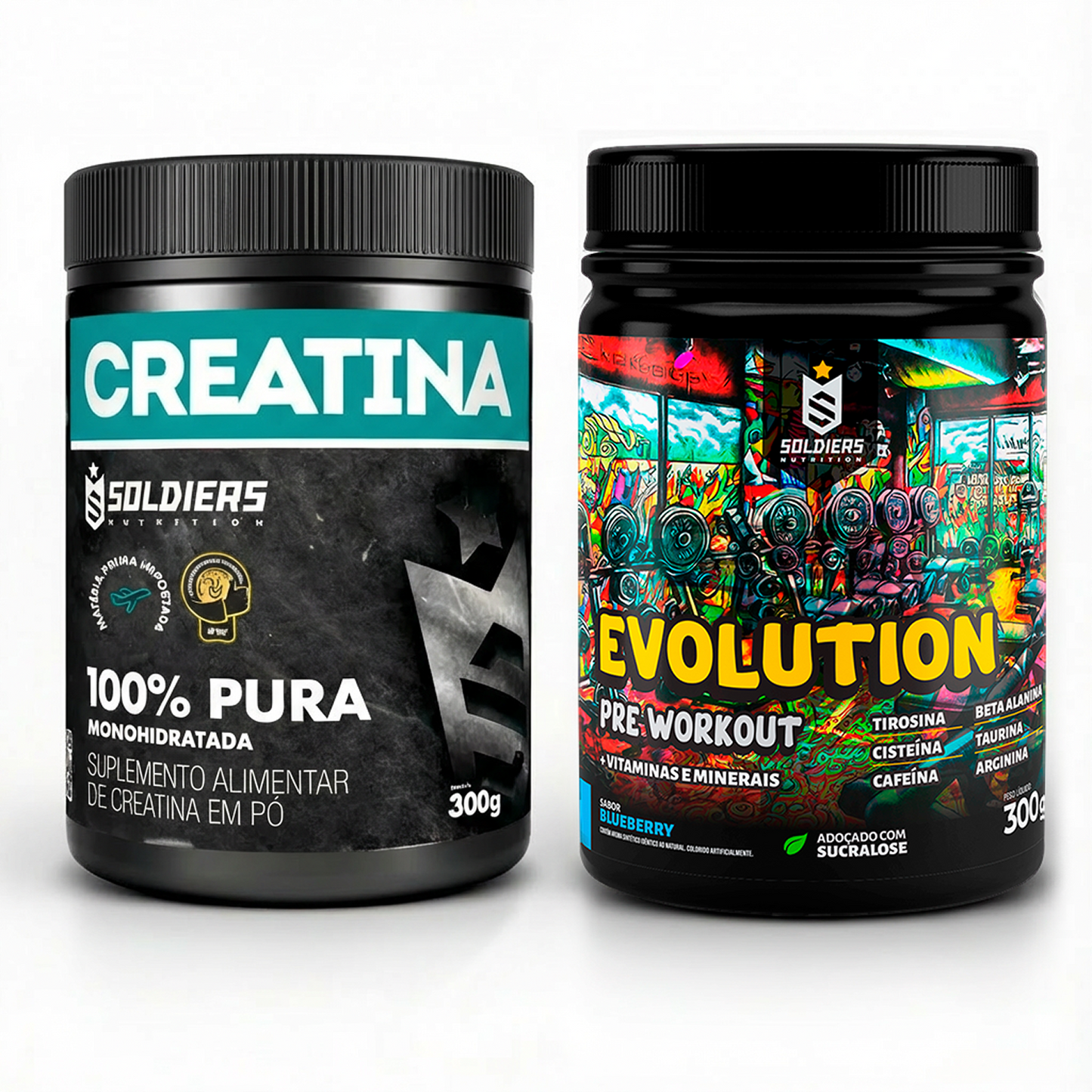 Kit: Creatina Monohidratada Pote 300g 100% Pura + Pré Treino Evolution 300g - Soldiers Nutrition