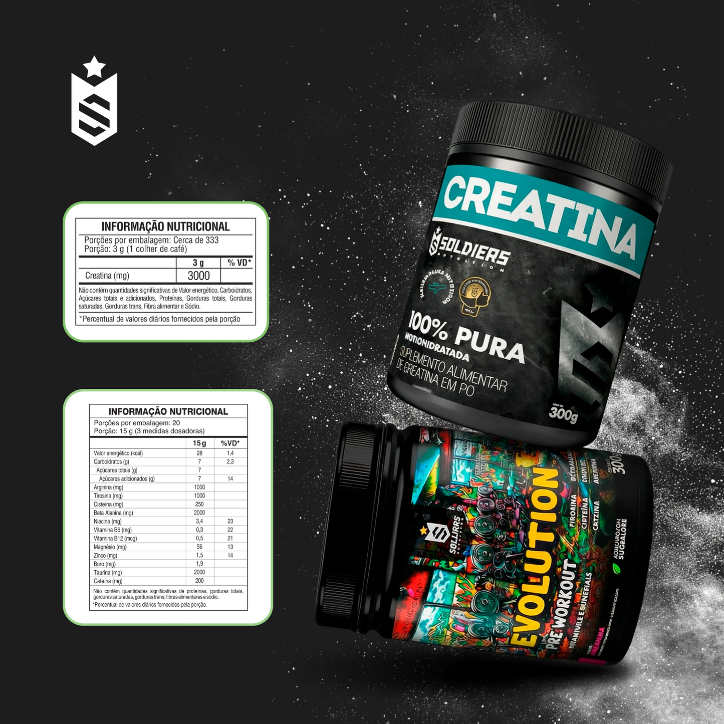 Kit: Creatina Monohidratada Pote 300g 100% Pura + Pré Treino Evolution 300g - Soldiers Nutrition