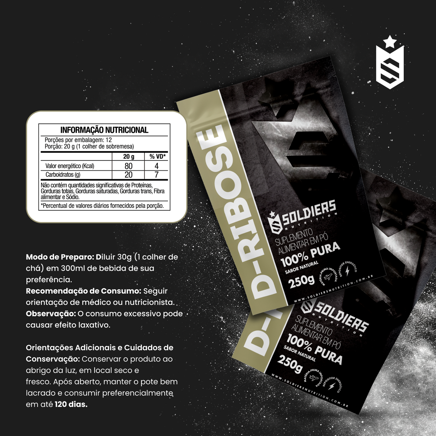 D - Ribose 250g - 100% Puro Importado - Soldier Nutrition