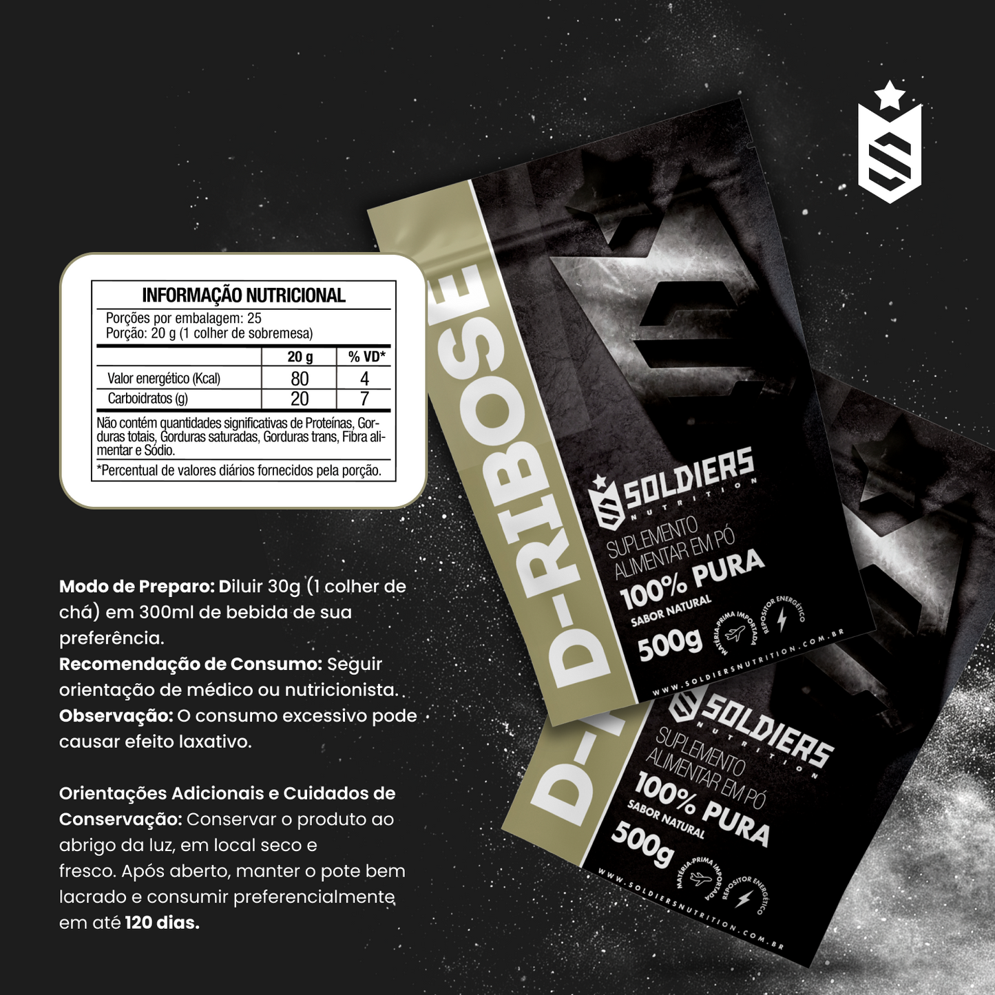 D - Ribose 500g - 100% Puro Importado - Soldier Nutrition