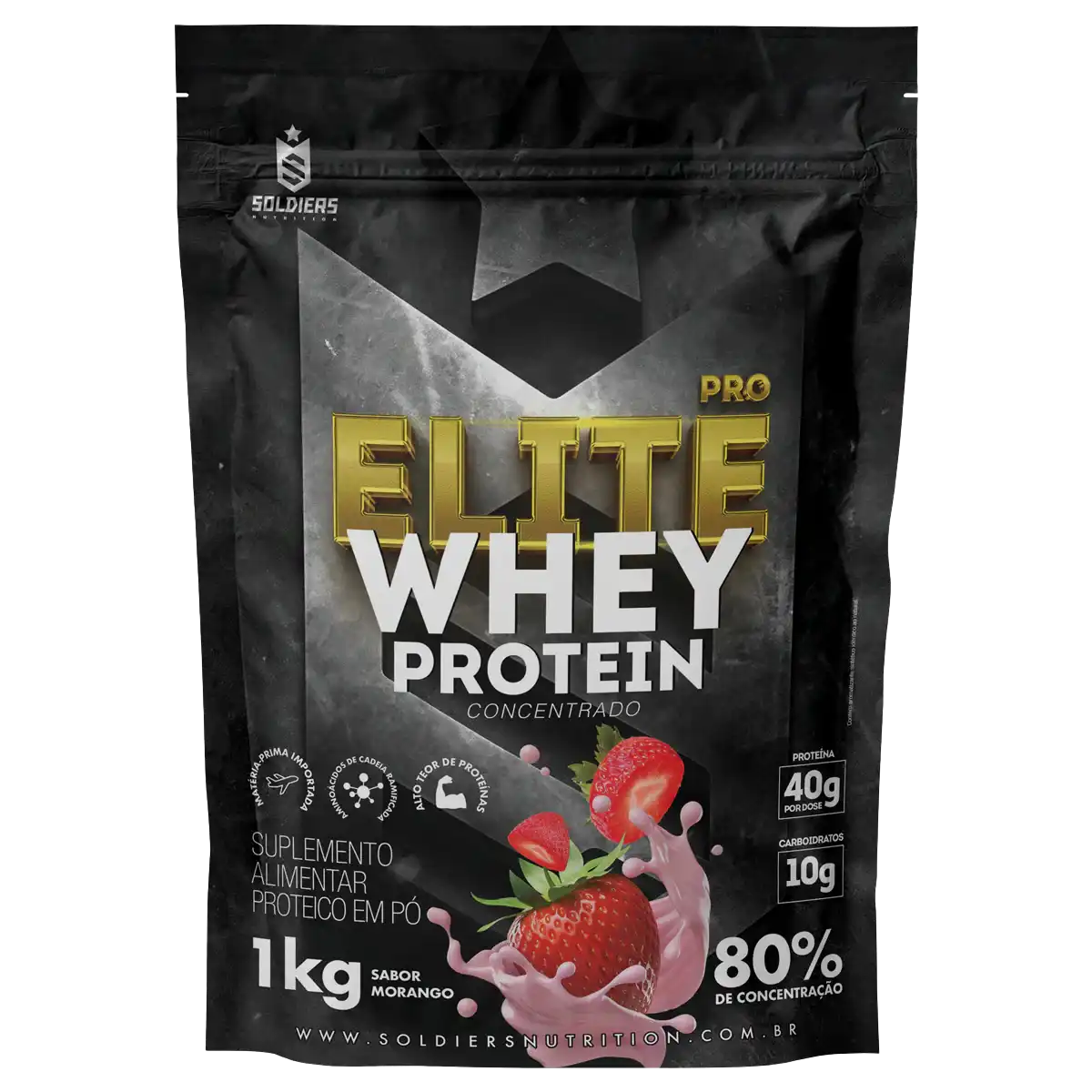 Whey Protein Elite Pro Concentrado 80% Morango 1kg - Soldiers Nutrition