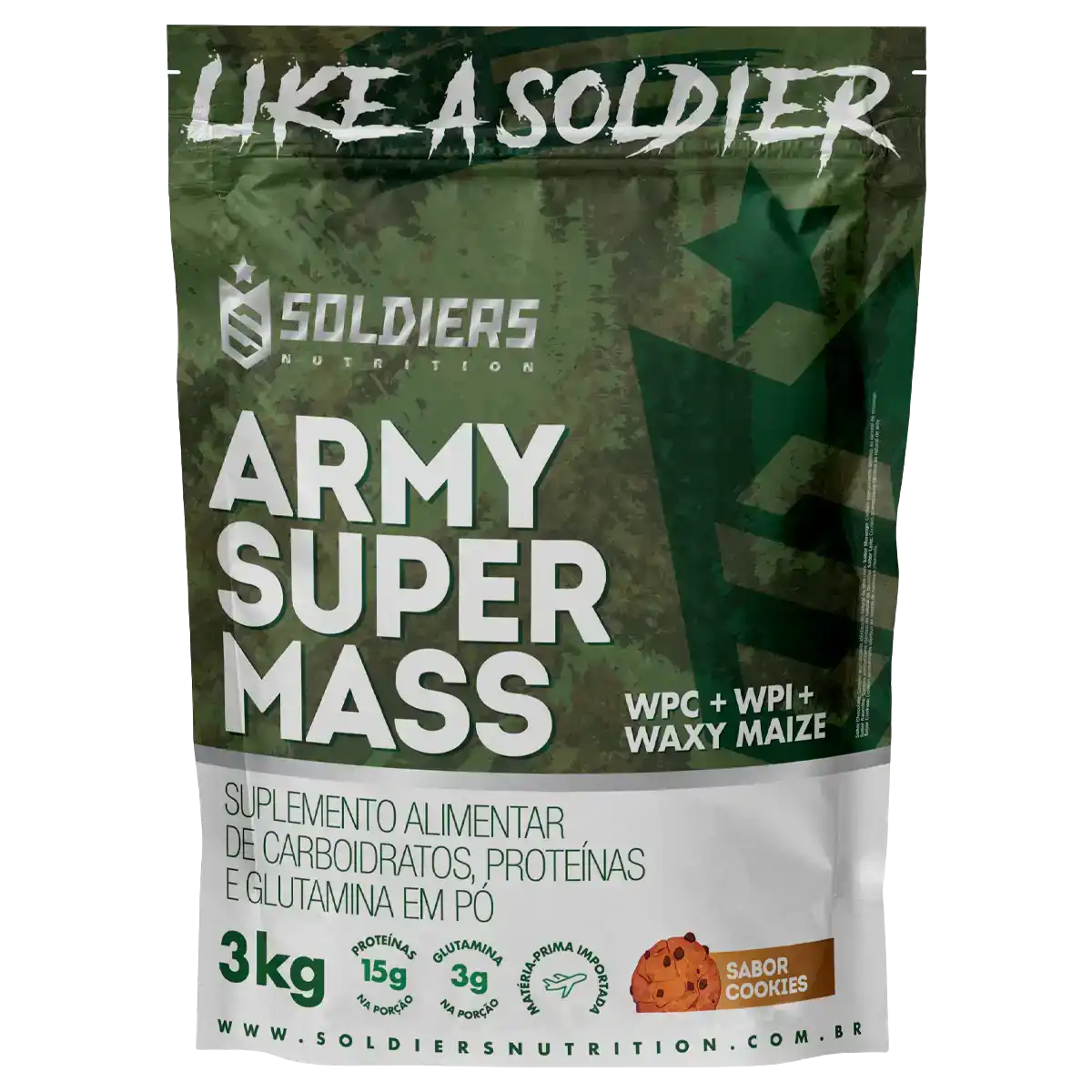 Embalagem de suplemento alimentar Army Super Mass 3kg sabor cookies, suplemento de carboidratos, proteínas e glutamina.