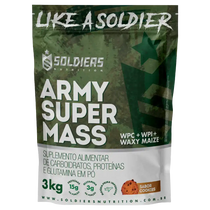 Embalagem de suplemento alimentar Army Super Mass 3kg sabor cookies, suplemento de carboidratos, proteínas e glutamina.