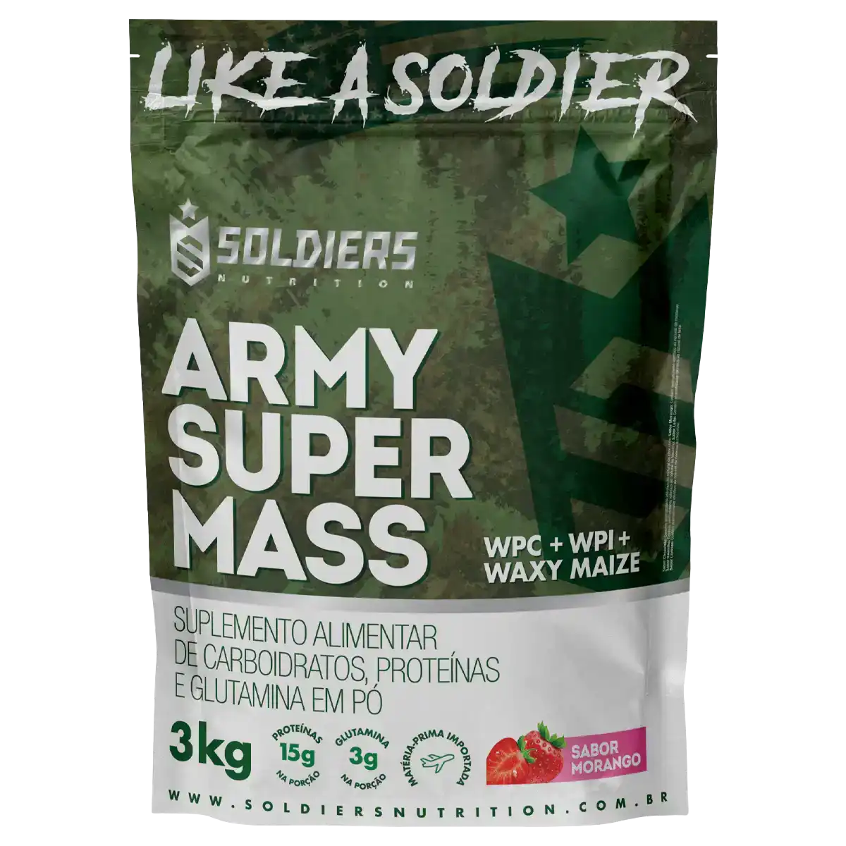 Embalagem de suplemento Army Super Mass sabor morango, 3kg, carboidratos e proteínas