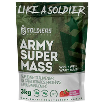 Embalagem de suplemento Army Super Mass sabor morango, 3kg, carboidratos e proteínas