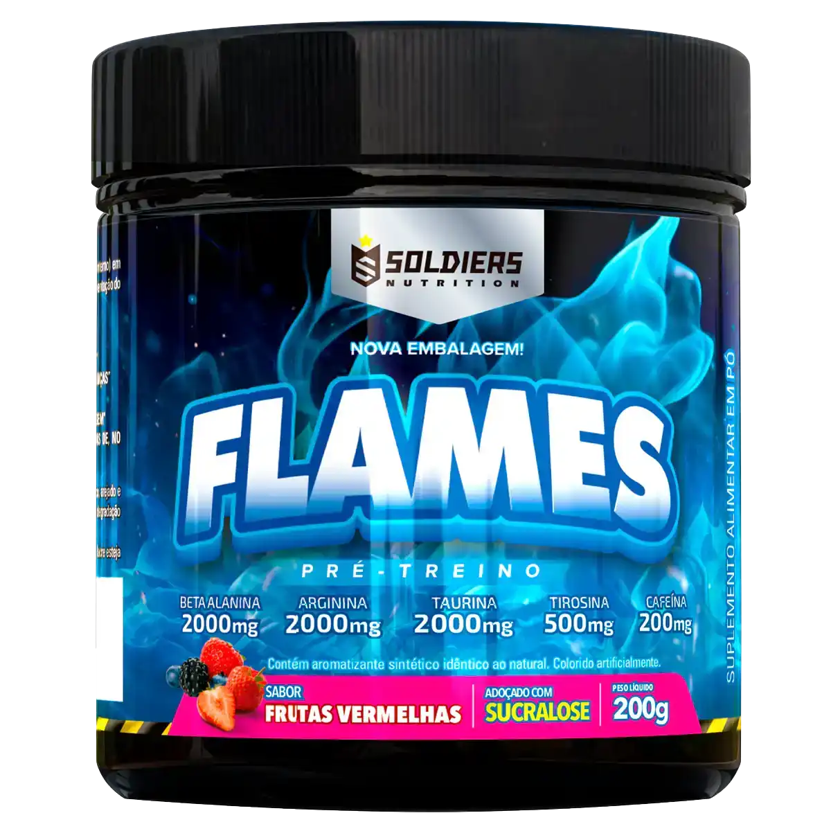 Pote de suplemento pré-treino Flames sabor frutas vermelhas, 200g, com beta-alanina, arginina, taurina, tirosina e cafeína.
