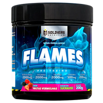 Pote de suplemento pré-treino Flames sabor frutas vermelhas, 200g, com beta-alanina, arginina, taurina, tirosina e cafeína.