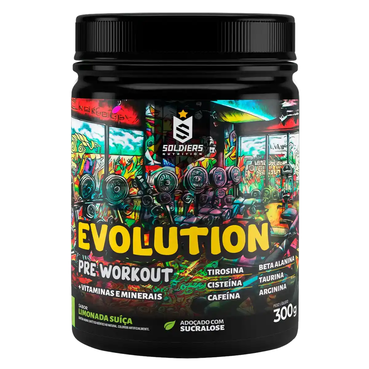 Pote de suplemento pré-treino Evolution, sabor limonada suíça, com rótulo colorido e ingredientes destacados como vitaminas, minerais, cafeína e tirosina.