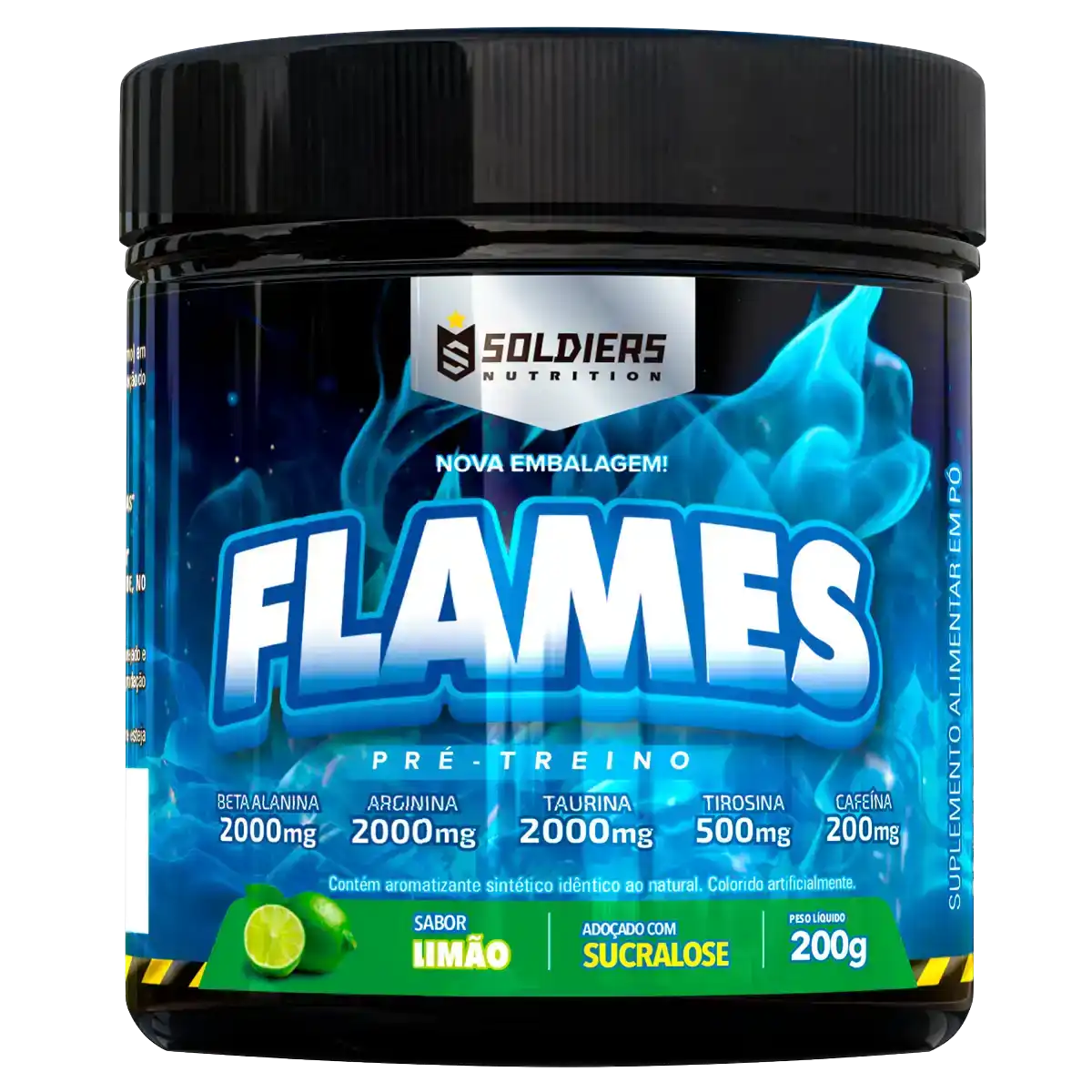 Pote de suplemento pré-treino Flames sabor limão, destacando ingredientes e rótulo azul.