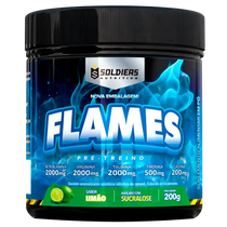 Pote de suplemento pré-treino Flames sabor limão, destacando ingredientes e rótulo azul.