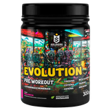 Pote de suplemento pré-treino Evolution sabor melancia, 300g, com vitaminas, minerais e sucralose.
