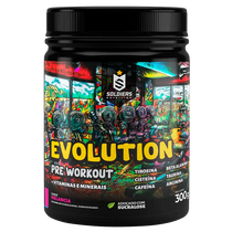 Pote de suplemento pré-treino Evolution sabor melancia, 300g, com vitaminas, minerais e sucralose.