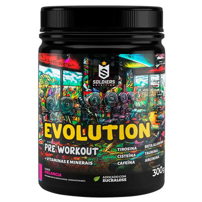 Pote de suplemento pré-treino Evolution sabor melancia, 300g, com vitaminas, minerais e sucralose.