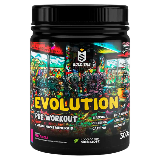 Pote de suplemento pré-treino Evolution sabor melancia, 300g, com vitaminas, minerais e sucralose.