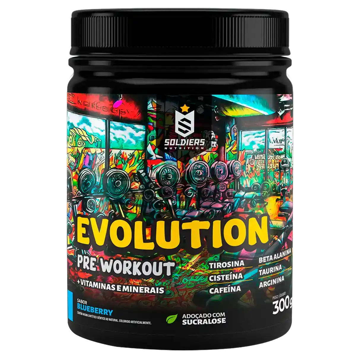 Pote de pré-treino Evolution sabor blueberry, embalado com design colorido e ingredientes destacados.
