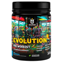 Pote de pré-treino Evolution sabor blueberry, embalado com design colorido e ingredientes destacados.