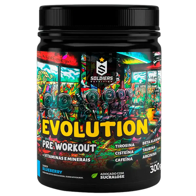 Pote de pré-treino Evolution sabor blueberry, embalado com design colorido e ingredientes destacados.
