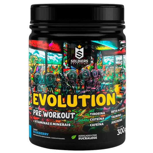 Pote de pré-treino Evolution sabor blueberry, embalado com design colorido e ingredientes destacados.