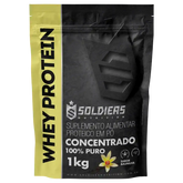 Embalagem de whey protein concentrado 100% puro sabor baunilha, 1kg, suplemento alimentar proteico em pó.