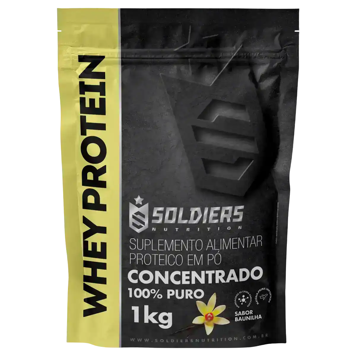 Embalagem de whey protein concentrado 100% puro sabor baunilha, 1kg, suplemento alimentar proteico em pó.