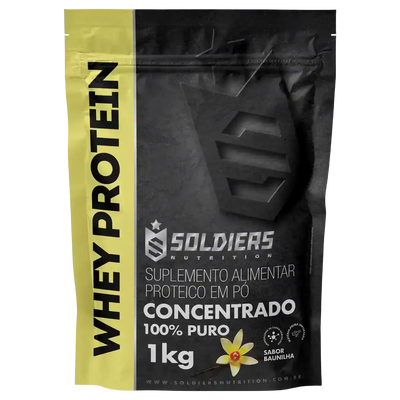 Embalagem de whey protein concentrado 100% puro sabor baunilha, 1kg, suplemento alimentar proteico em pó.