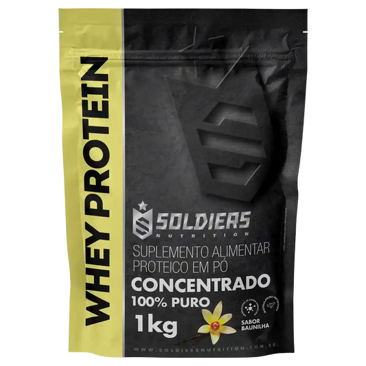Embalagem de whey protein concentrado 100% puro sabor baunilha, 1kg, suplemento alimentar proteico em pó.