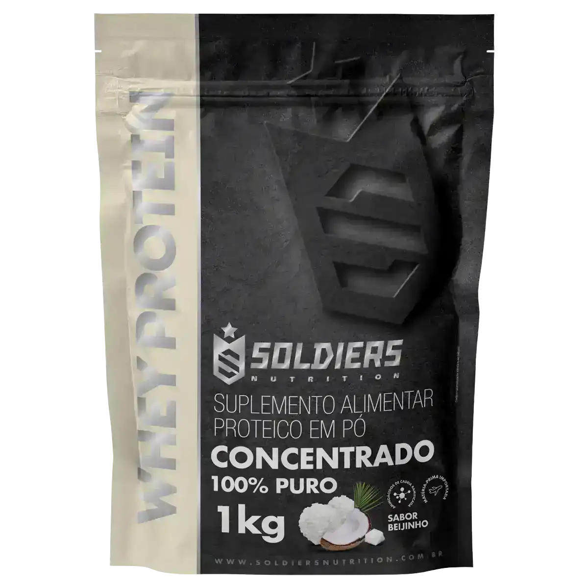 Embalagem de whey protein concentrado sabor beijinho 1kg, suplemento alimentar proteico em pó.