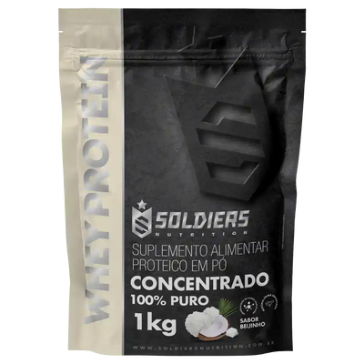 Embalagem de whey protein concentrado sabor beijinho 1kg, suplemento alimentar proteico em pó.