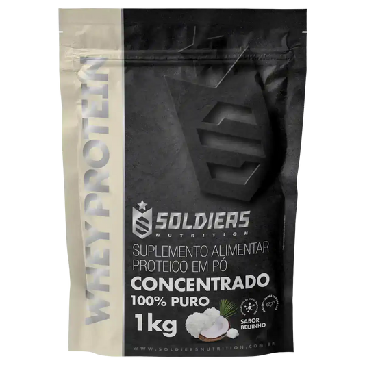 Embalagem de whey protein concentrado sabor beijinho 1kg, suplemento alimentar proteico em pó.