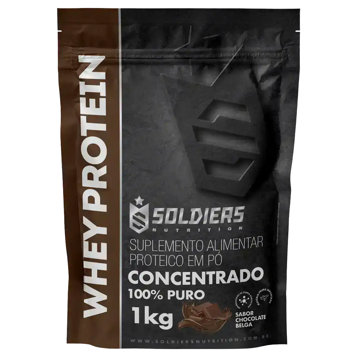 Embalagem de suplemento Whey Protein concentrado em pó, 1kg, sabor chocolate belga.