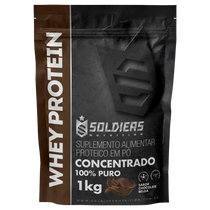 Embalagem de suplemento Whey Protein concentrado em pó, 1kg, sabor chocolate belga.