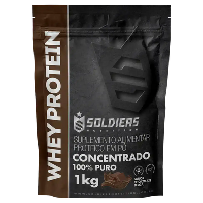 Embalagem de suplemento Whey Protein concentrado em pó, 1kg, sabor chocolate belga.