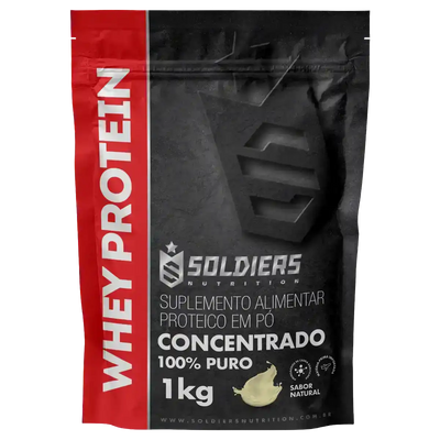 Embalagem de whey protein concentrado 1kg sabor natural, suplemento alimentar proteico em pó.