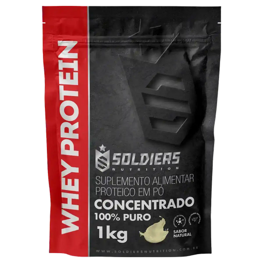 Embalagem de whey protein concentrado 1kg sabor natural, suplemento alimentar proteico em pó.