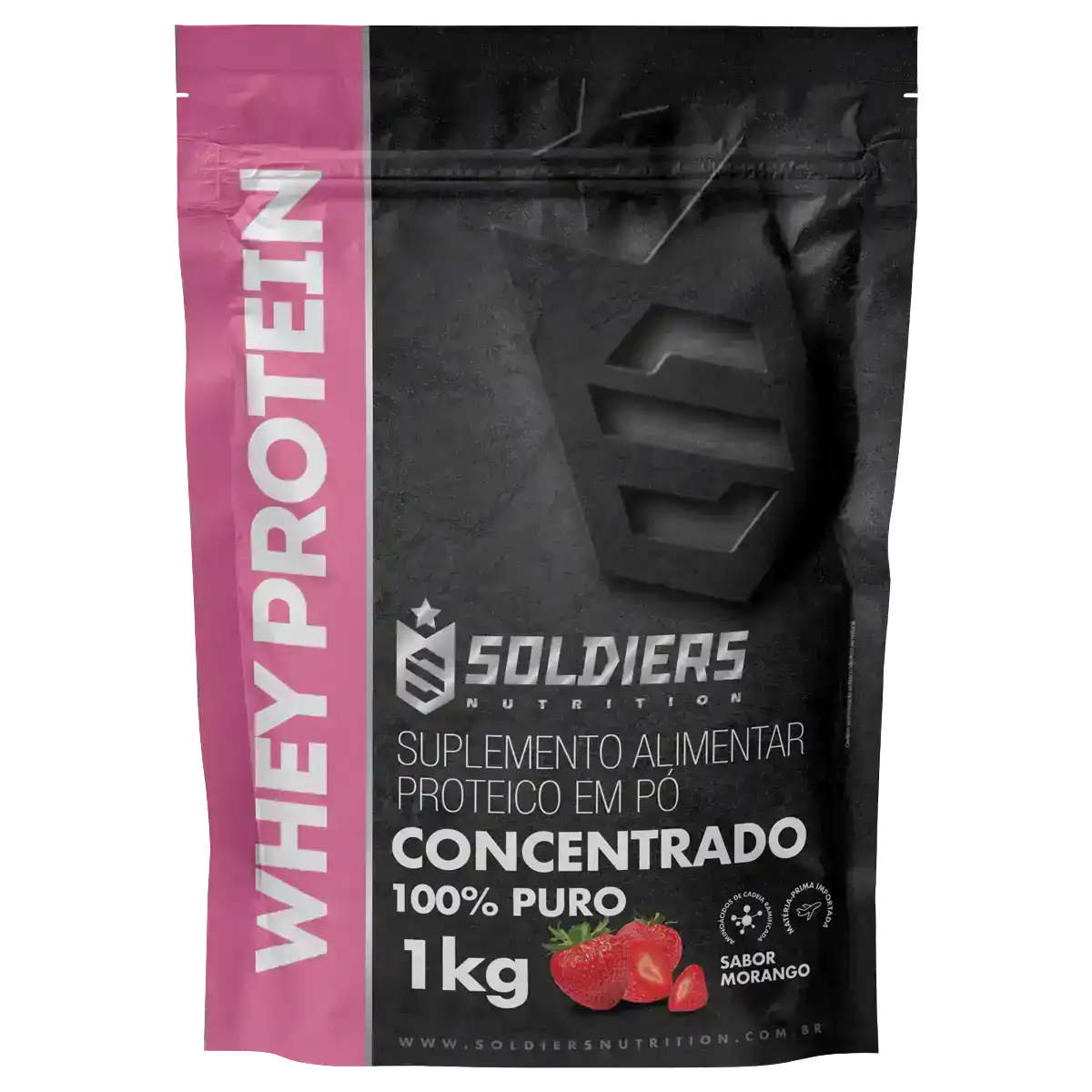 Embalagem de whey protein concentrado 1kg sabor morango, suplemento proteico em pó.