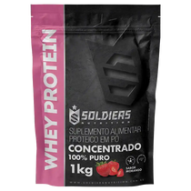 Embalagem de whey protein concentrado 1kg sabor morango, suplemento proteico em pó.