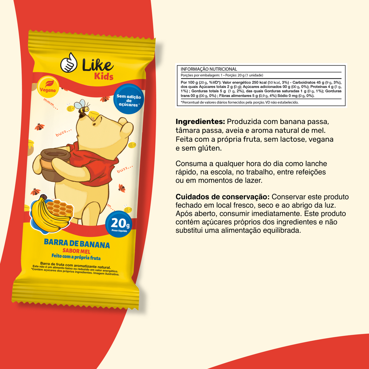 Barrinha de Banana 20g Sem Açúcar Sabor Mel 12un - Like Kids