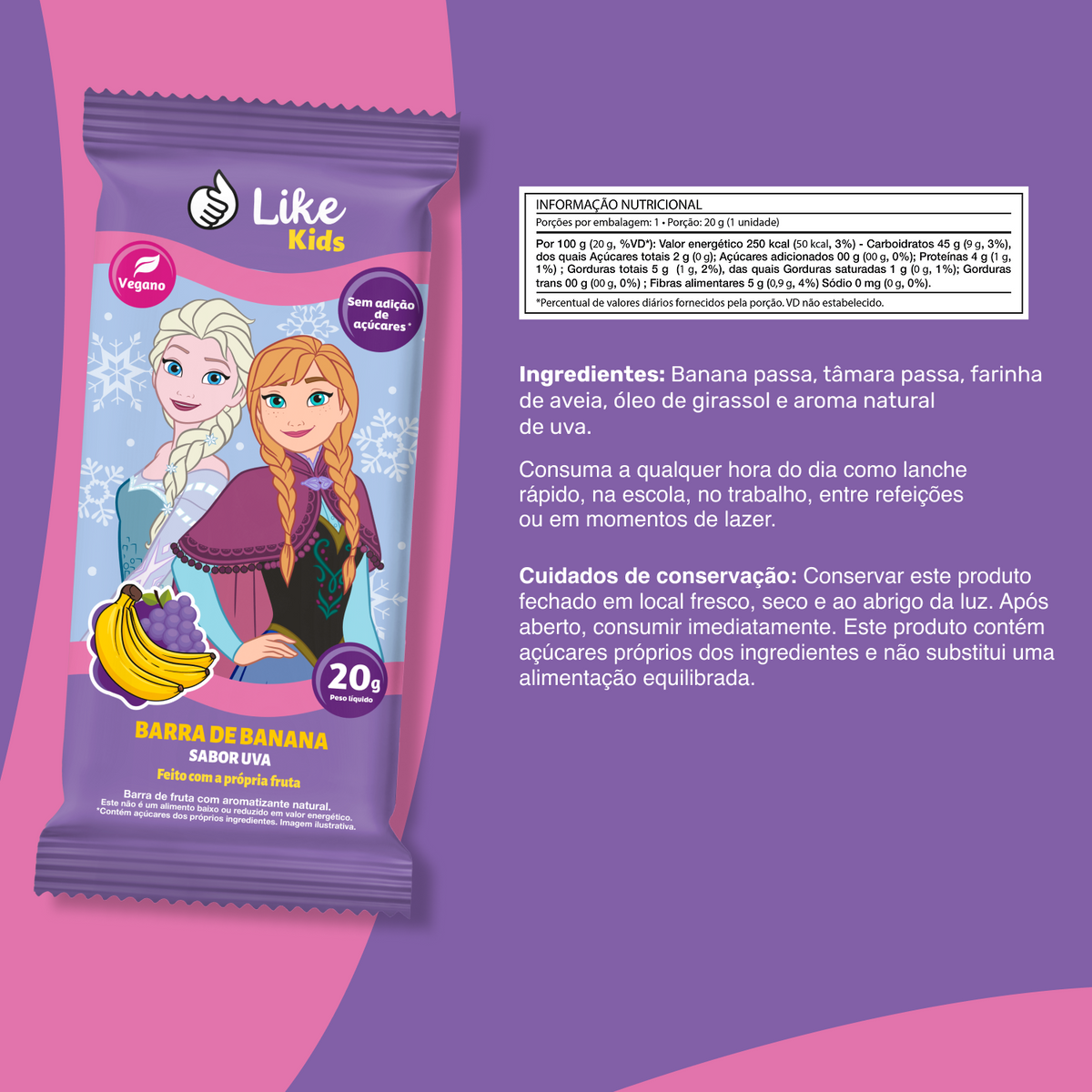 Barrinha de Banana 20g Sem Açúcar Sabor Uva 12un - Like Kids