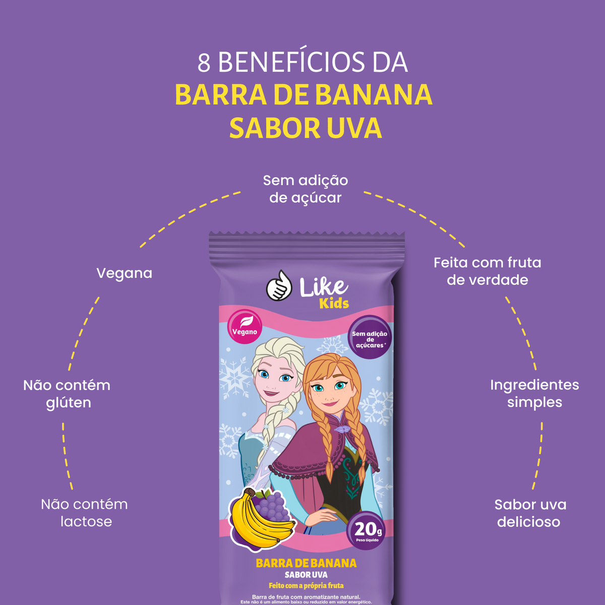 Barrinha de Banana 20g Sem Açúcar Sabor Uva 12un - Like Kids