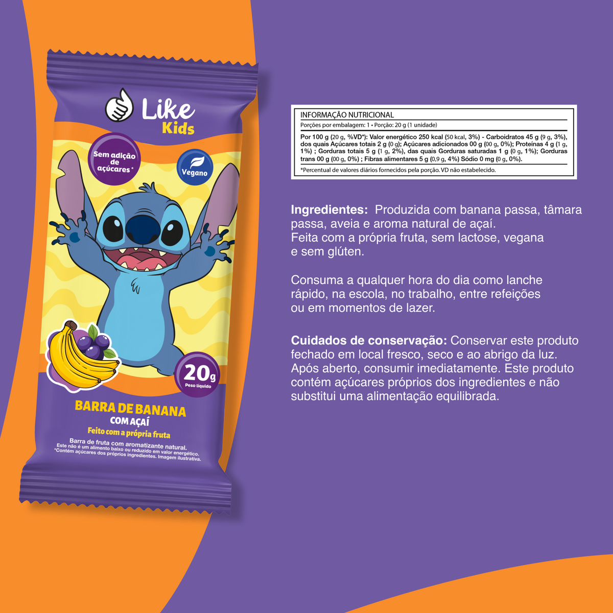 Barrinha de Banana 20g Sem Açúcar Sabor Açai 3un - Like Kids