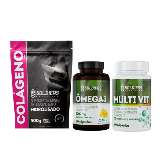 Kit Colágeno 500g + Ômega 3 60 Cáps + Multivitaminico 60 Cáps